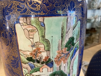 A massive Chinese famille verte on powder blue-ground rouleau vase, Kangxi